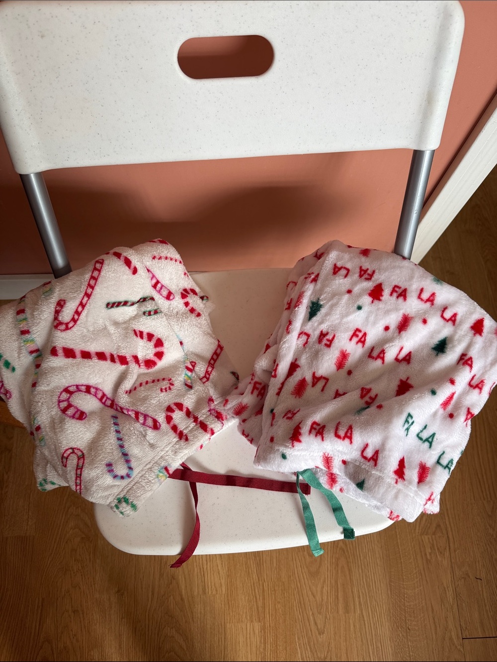 Cozy Holiday Plush Pajama Bottoms in White with Red & Green Accents
